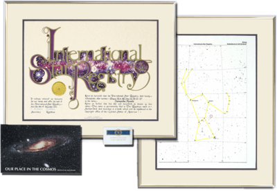 The Gold Ultimate Star Kit is a favorite of customers naming stars for friends and family. The  certificate and sky chart arrive framed.