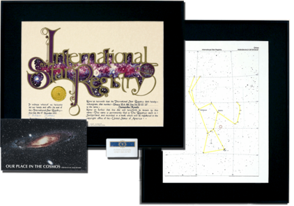 Buy a star kit and receive the original International Star Registry certificate, star chart, and the booklet “Our Place in the Cosmos” 
