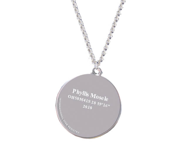 Elegant silver necklace with a an engraved sterling silver circular pendant. Includes the star name and location.