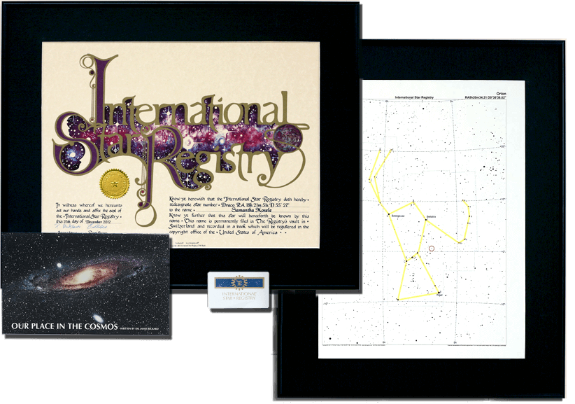 This star naming package is a favorite for weddings, anniversaries, and memorials. The Star Registry certificate and star chart arrive framed.