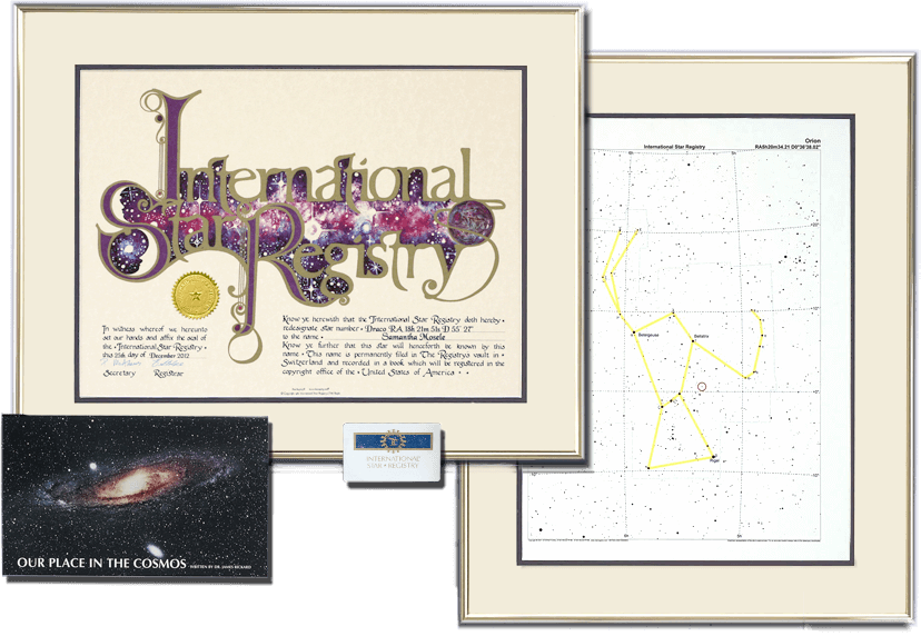 The Gold Ultimate Star Kit is a favorite of customers naming stars for friends and family. The  certificate and sky chart arrive framed.