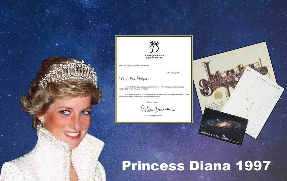 Stars are named for Diana, Princess of Wales as a wedding gift, birthday gift, and later as memorial gifts. Princess Diana thank you card is shown